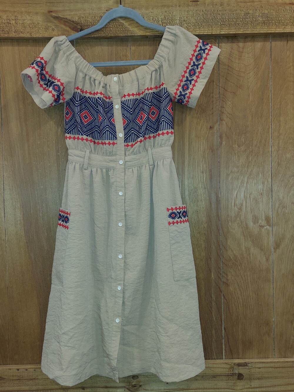 Endless Rose Women's Tan Blue & Red Size XS Off Shoulder Pockets Dress Button UP